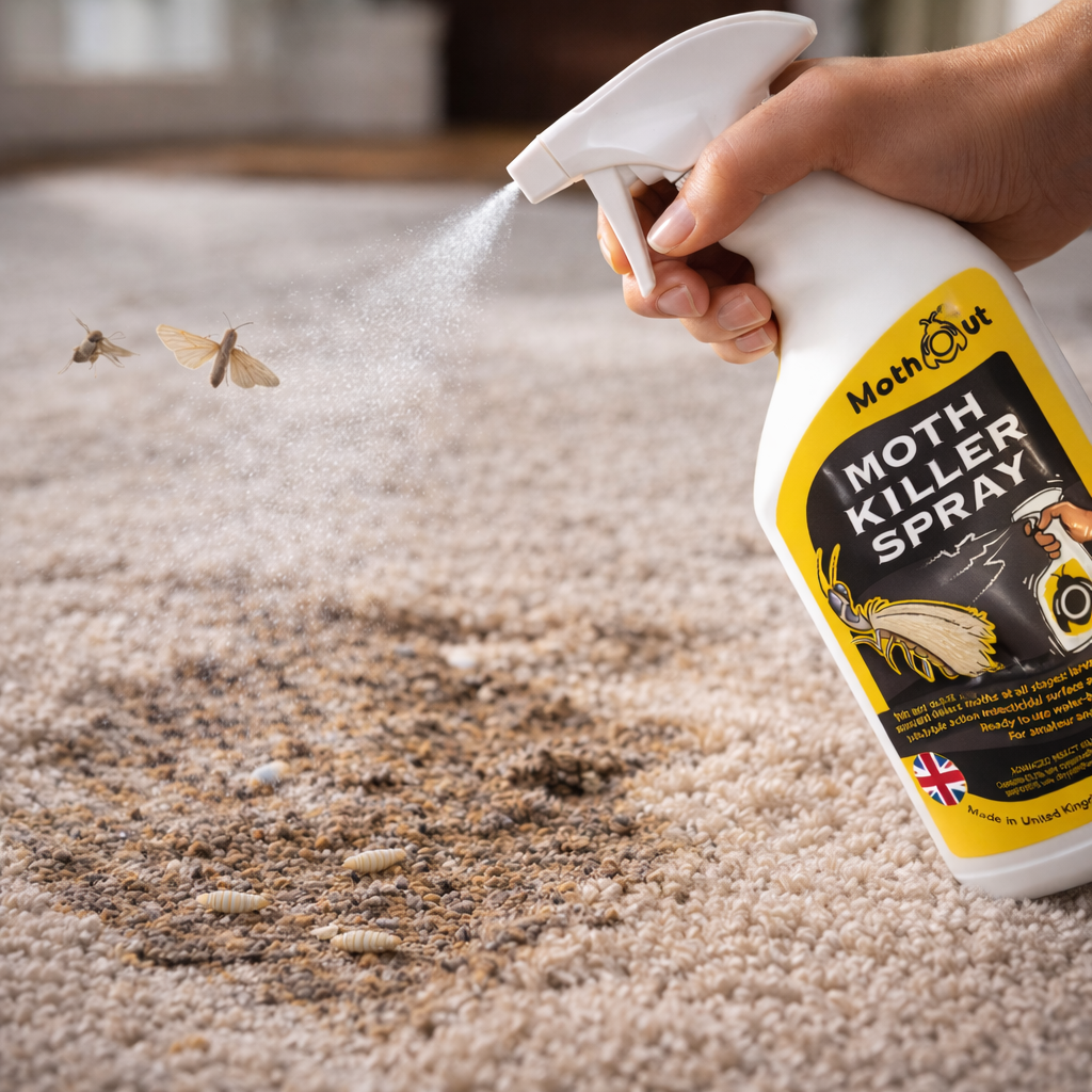 MothOut Moth Killer Spray directly on moth